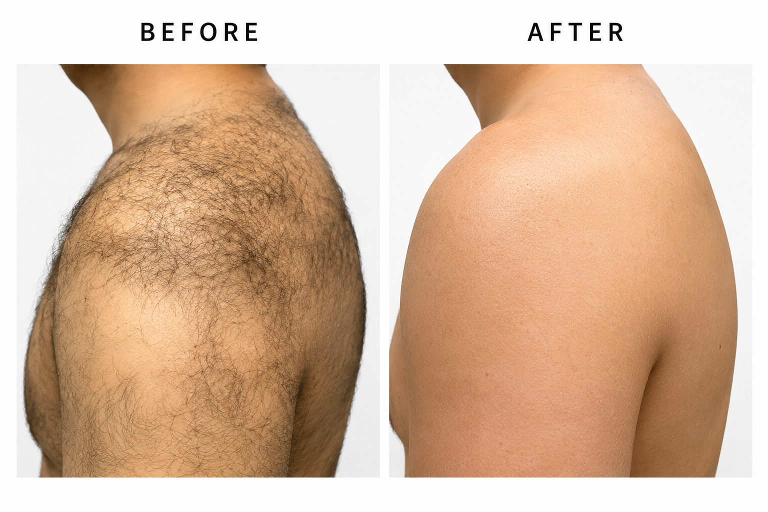 Side-by-side comparison of a man's shoulder and upper arm before and after hair removal, with the left showing hairy skin and the right showing smooth, hair-free skin.