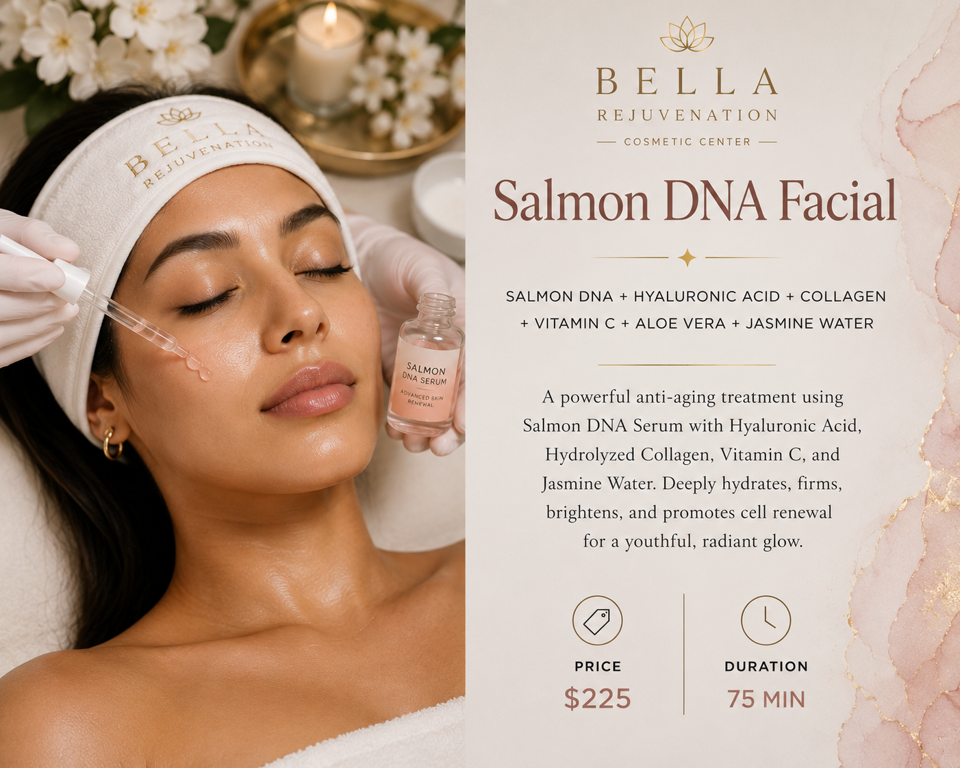 A woman receiving a facial treatment with a serum dispenser, lying down with her eyes closed, in a spa setting. Beside her, a bottle labeled "Salmon DNA Serum" is held by a beautician. In the background, there are flowers and candles. The right side of the image displays text about a Salmon DNA Facial treatment, listing ingredients, benefits, price of $225, and duration of 75 minutes.