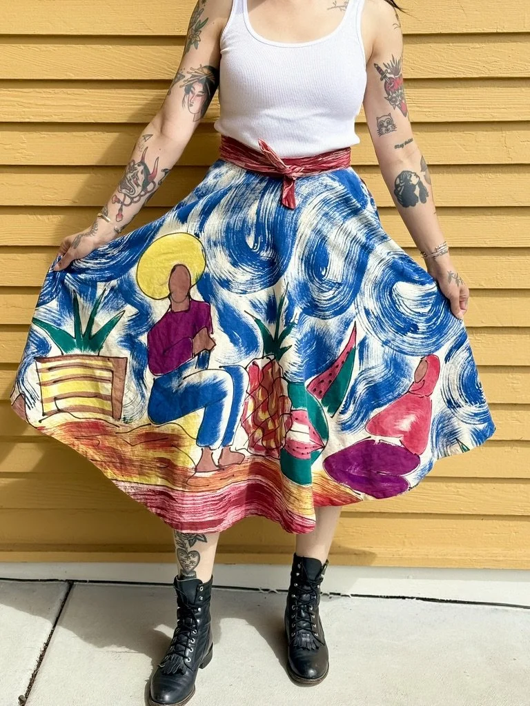 Vintage Hand-painted Linen Midi Skirt