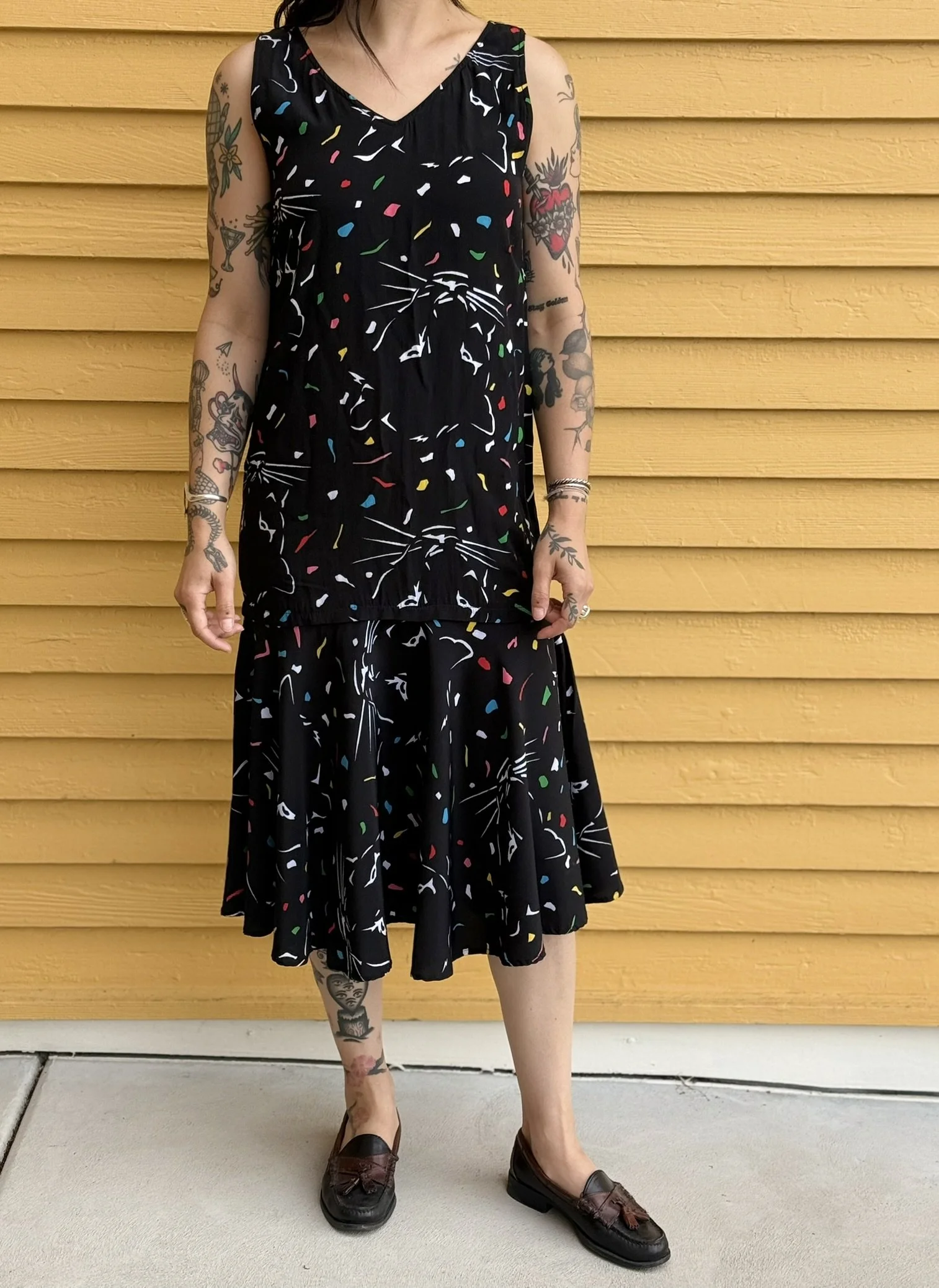 1980s Cat Doodle Party Drop Waist Dress