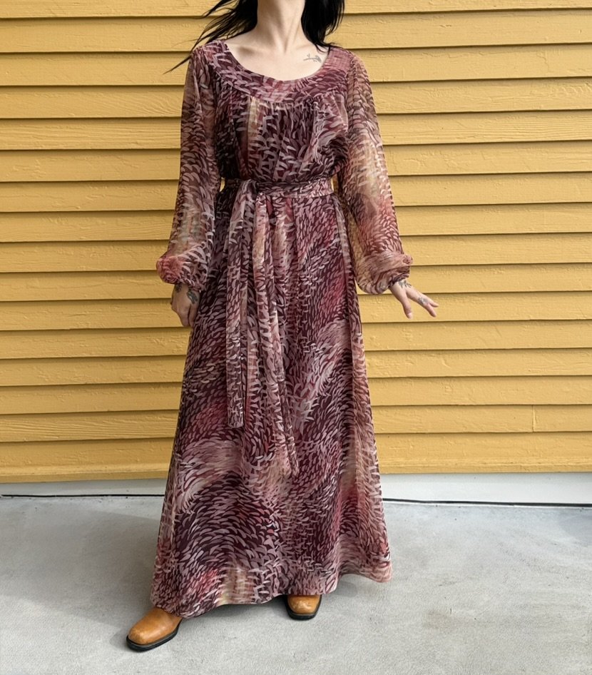 1970s Watercolor Layered Gown in Berries and Ash by Edith Flagg