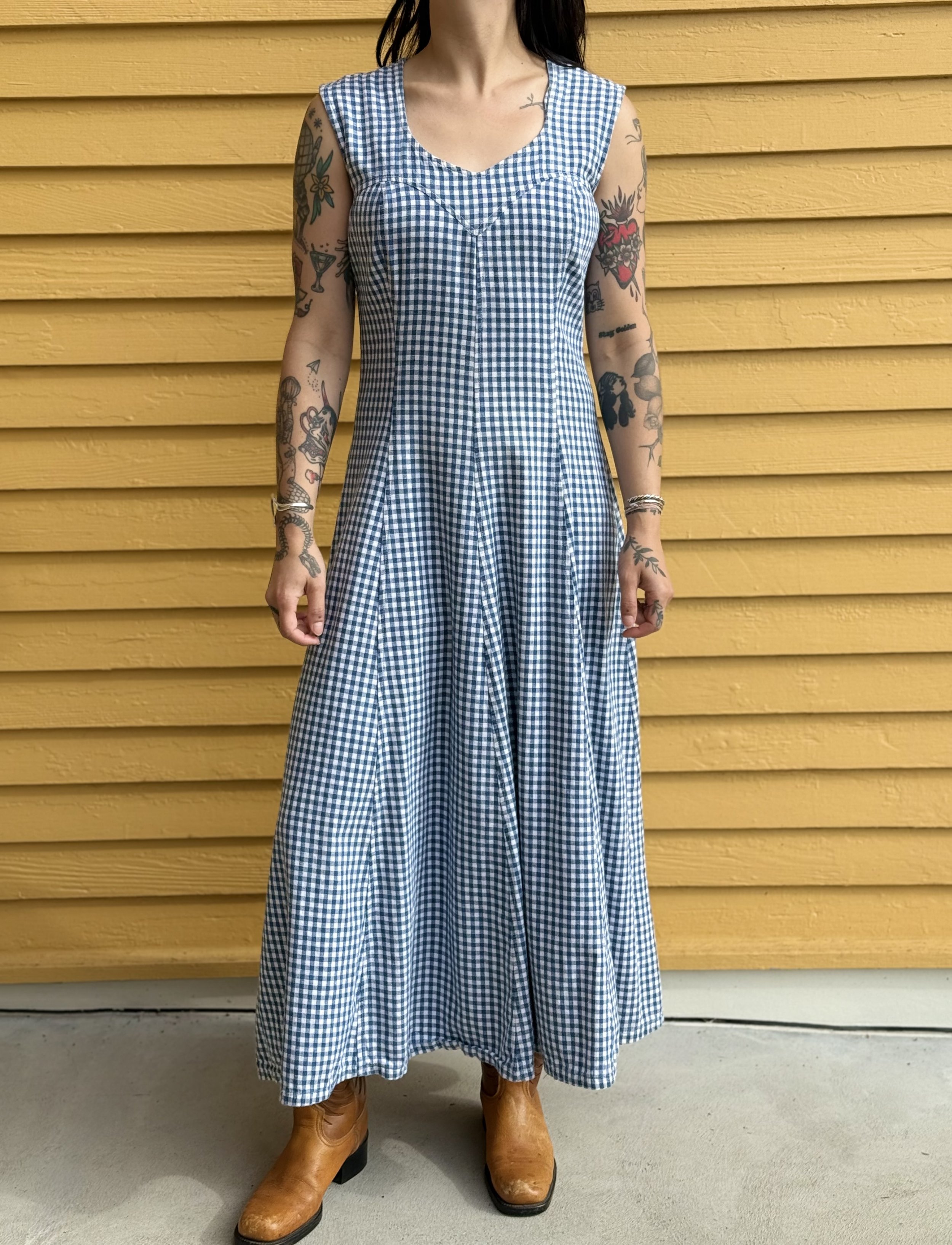 1990s Sweetheart Picnic Maxi Dress in Navy Gingham by Concepts and Design