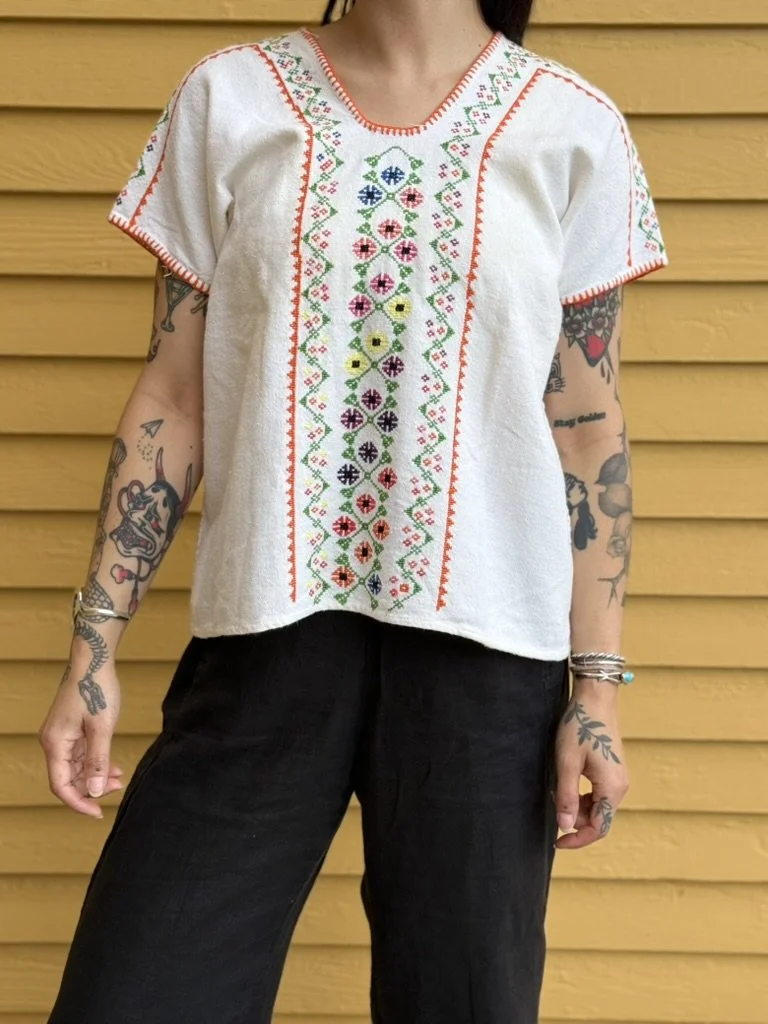 Vintage Mexican Hand Embroidered Cotton Blouse in Salt