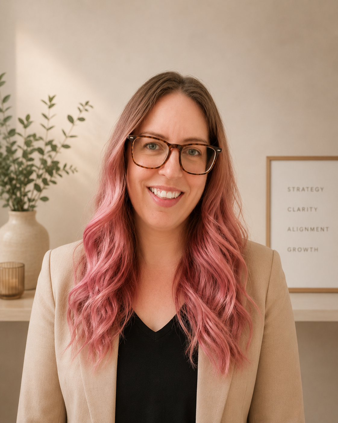 Picture of smiling woman with long hair with pink ends, wearing glasses, a tan jacket over a black top