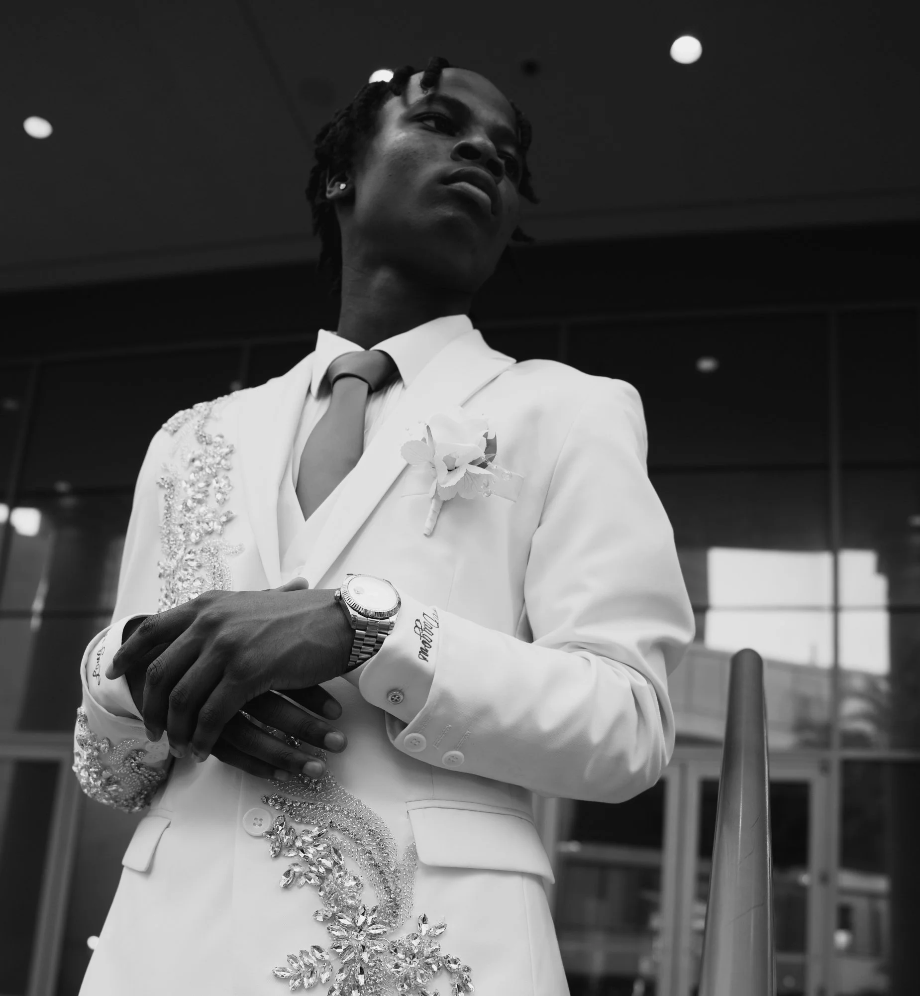 Black and white low angle prom portrait close up New Orleans night photography Crescent Lens