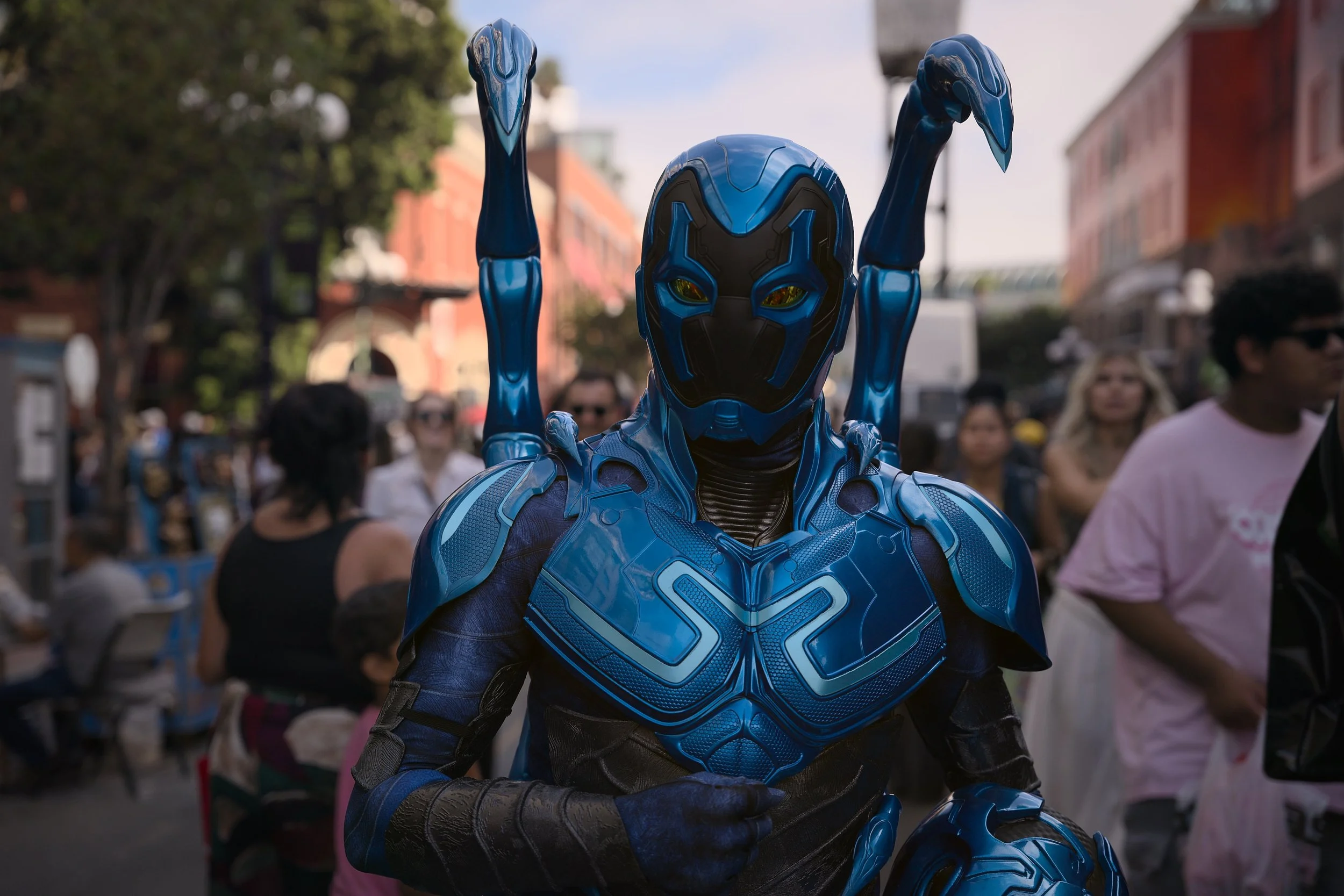 Blue Beetle cosplayer photographed at San Diego Comic-Con