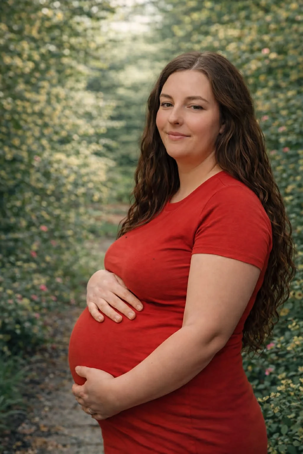 Une femme enceinte en rouge, souriante, tenait son ventre dans un sentier bordé d'arbustes verts.