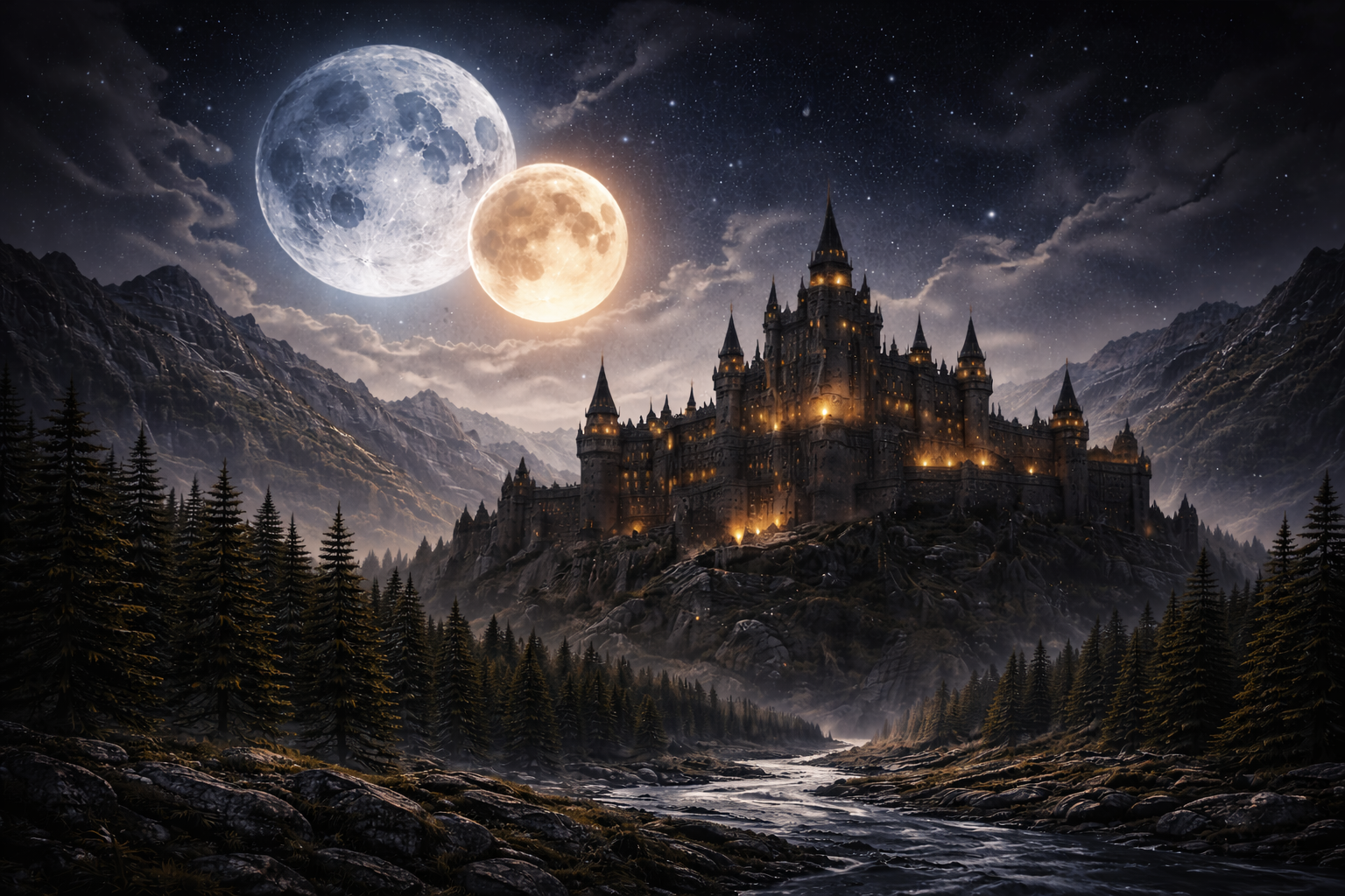 A fantasy castle illuminated at night sits atop rocky terrain surrounded by pine trees, with a flowing river in the foreground, under a starry sky with two large moons.