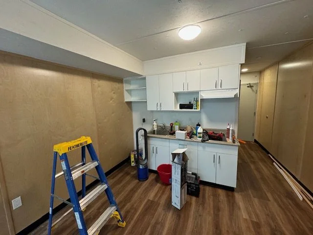 Kitchen area with white cabinets, a countertop with various items, a blue vacuum cleaner, and a yellow and blue ladder labeled 'Featherlite.' The floor is wood, and there are beige and white walls and ceiling with a ceiling light.