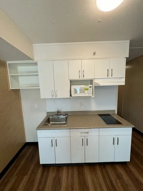 Small kitchen with white cabinets, a microwave, a sink, and an electric stovetop.