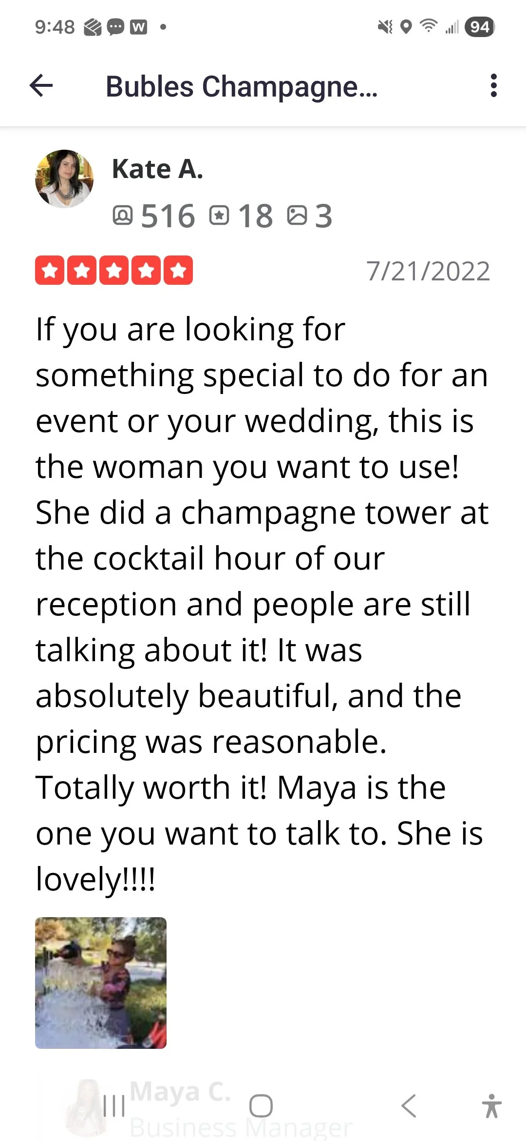 Screenshot of a mobile phone display showing a review for a woman named Maya, who did a champagne tower for an event. The review praises her work, mentions the event, and shows a small photo of a child wearing sunglasses outdoors.