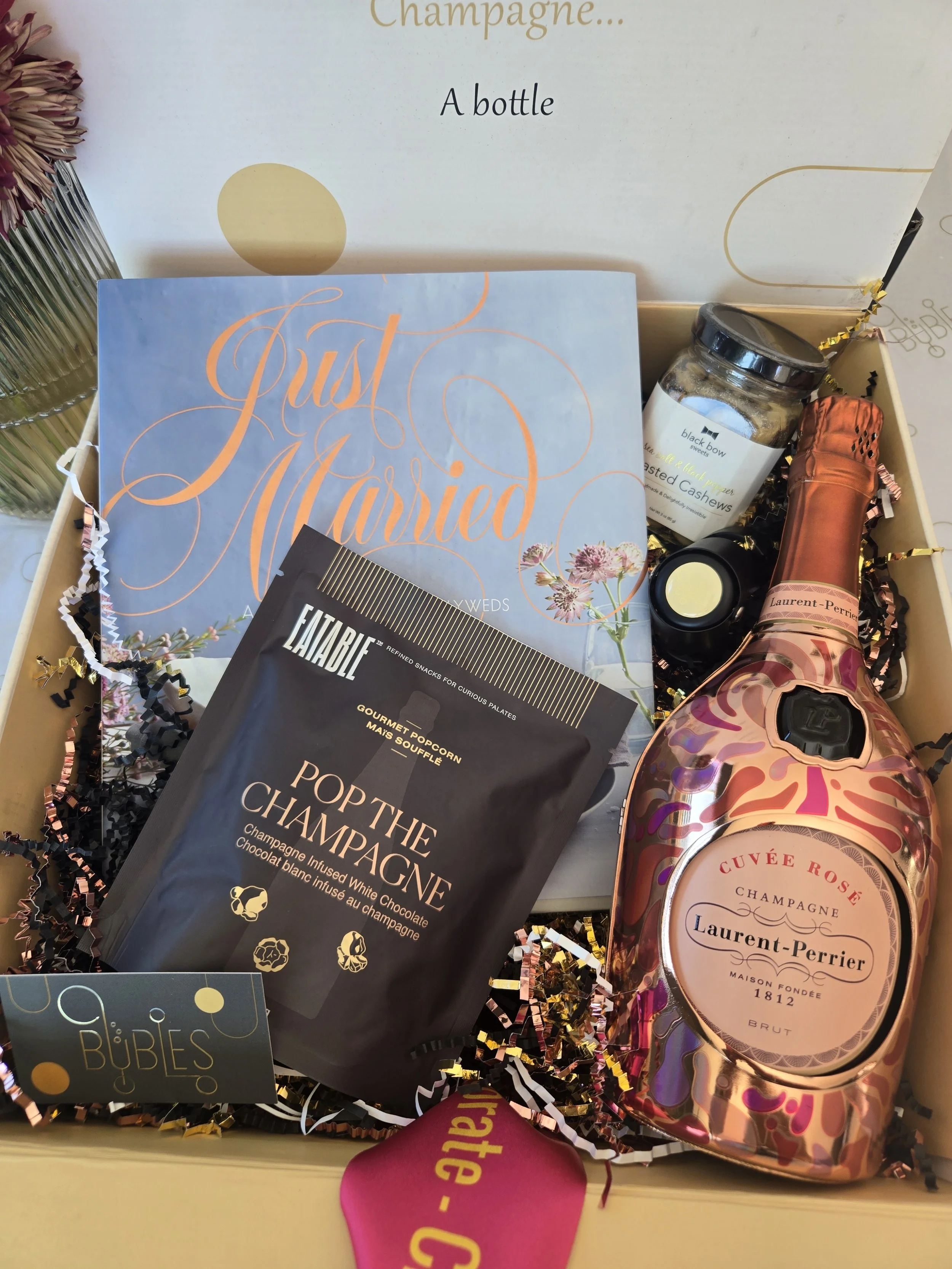Wedding gift bocx with Laurent Perrier Cuvee rose.jpeg