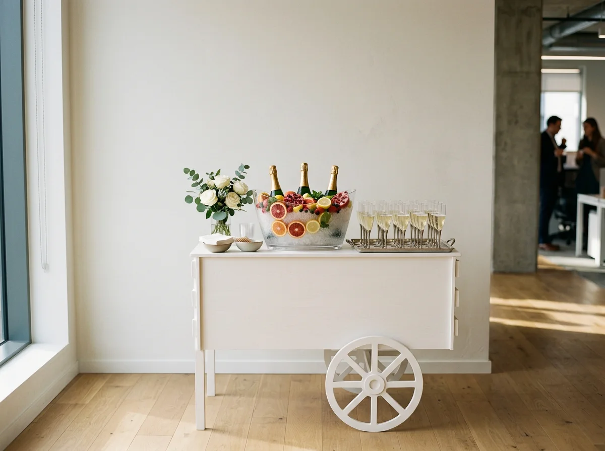 White luxury champagne cart set up with bottles and glasses for a corporate office event.