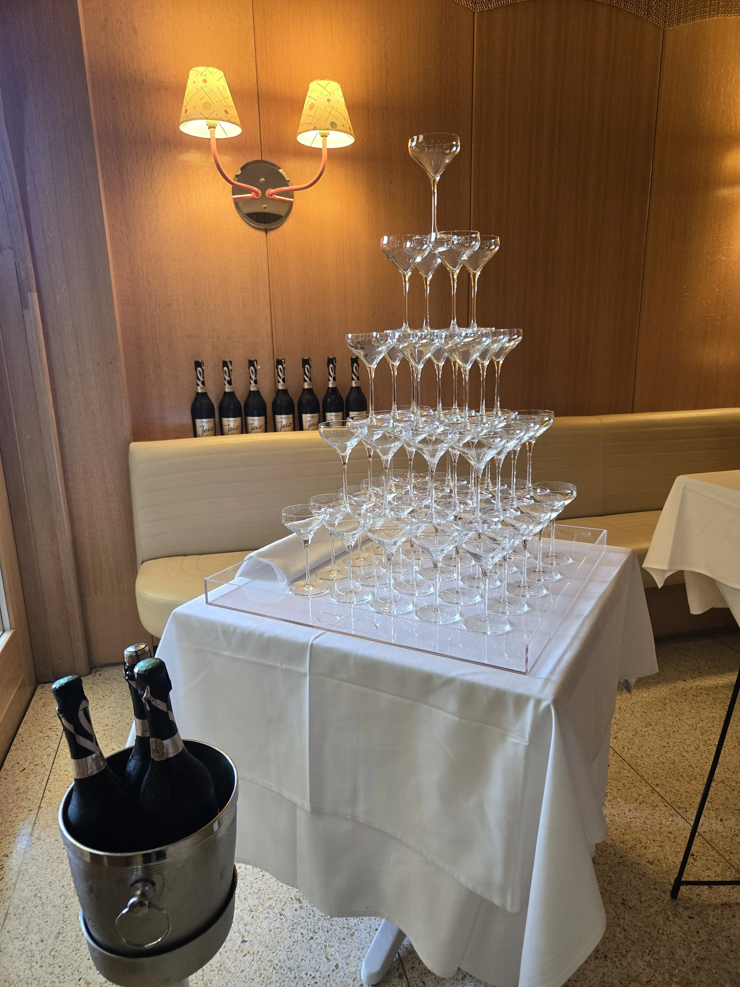 5-tier bespoke champagne tower installation at Cucina Alba in West Hollywood by Bubles