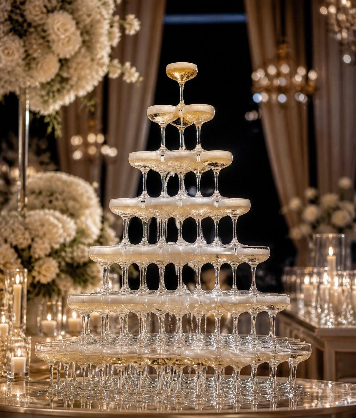 A pyramid of champagne glasses on a table during a celebration, decorated with candles and floral arrangements in the background.