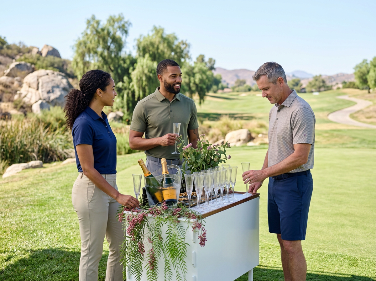 White luxury champagne cart set up with bottles and glasses for a corporate golf event.