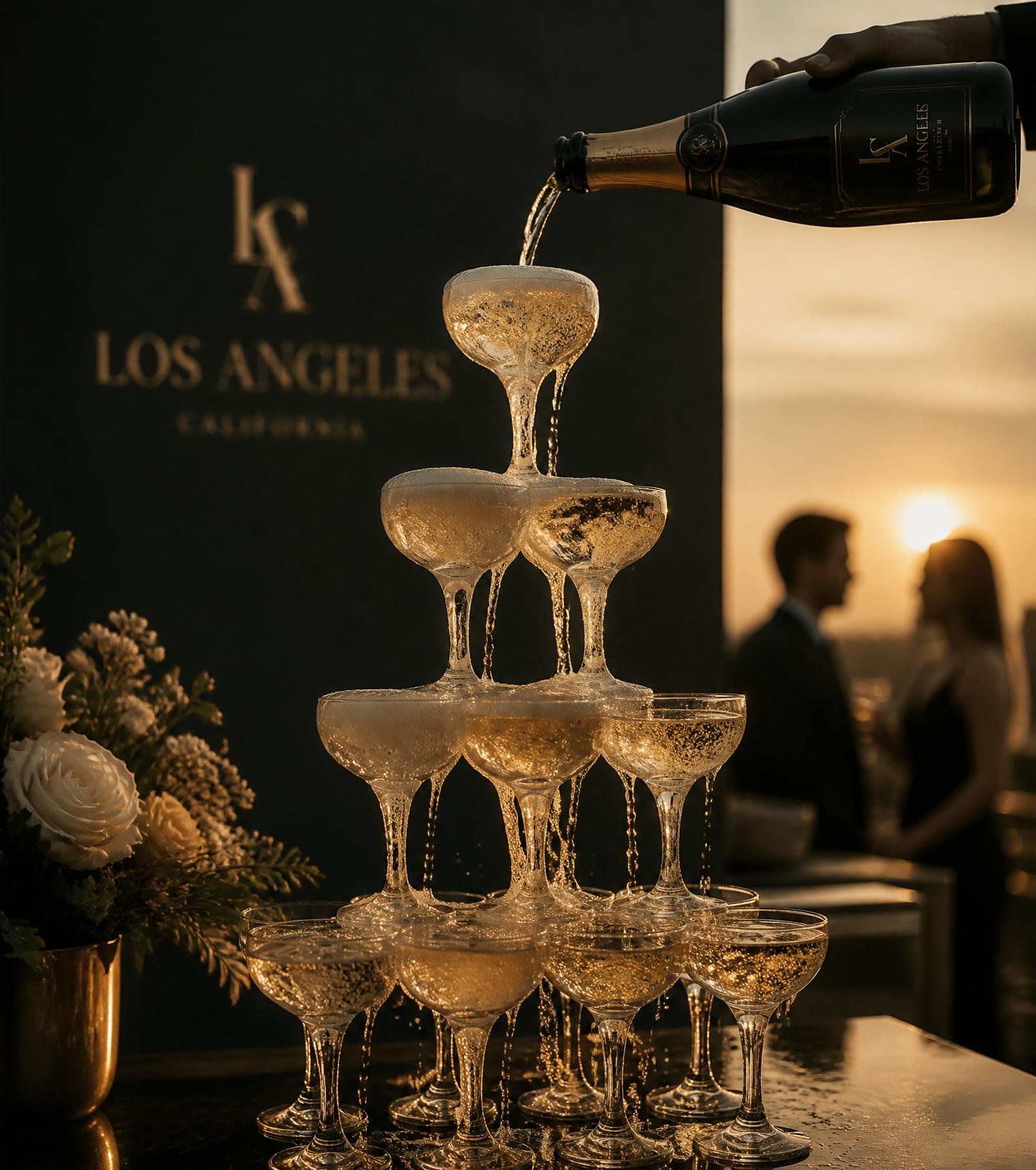 Champagne coupe tower being poured at an event