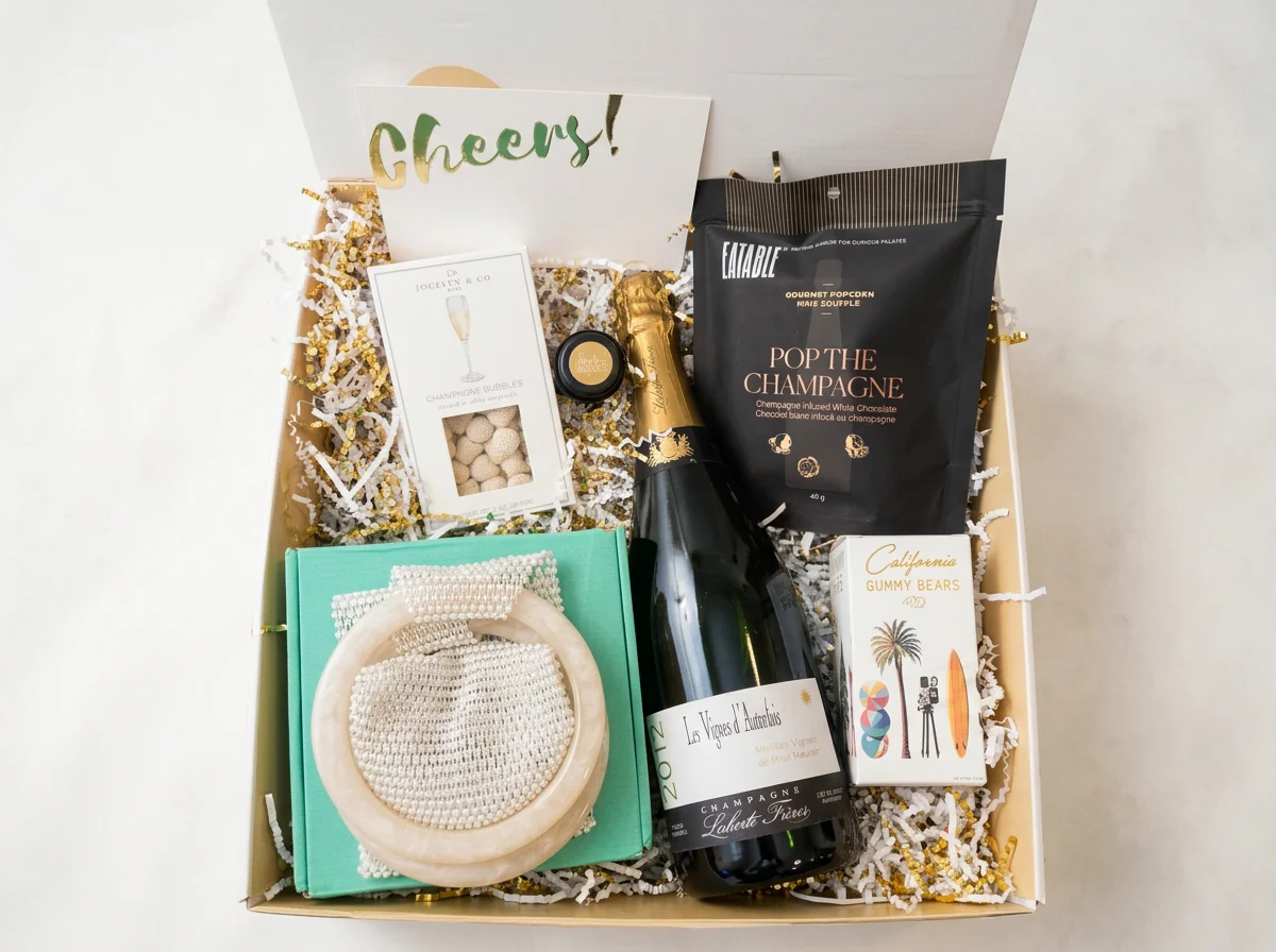 Laherte Frères 2012 Extra Brut champagne gift set featuring a mesh bottle holder with glass handle and snacks