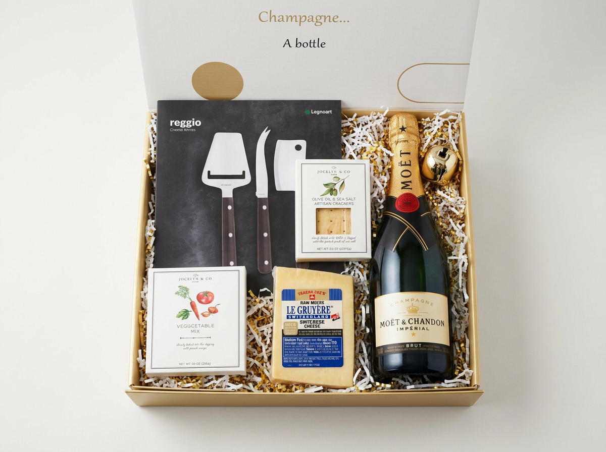 Moët and Chandon Brut with a beautiful Cutler Cheese Knife set with salty gourmet snacks.png
