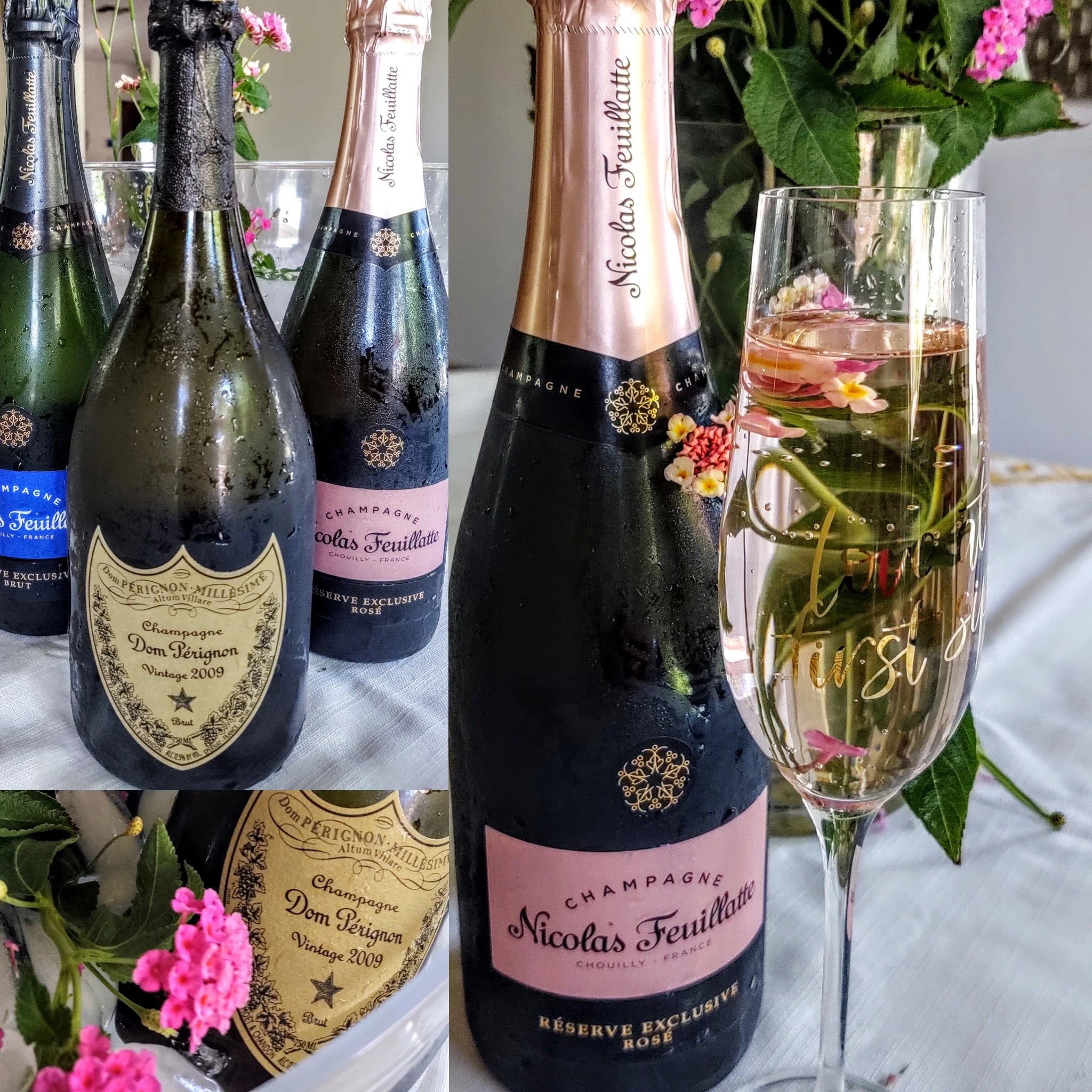 A bottle of Nicolas Feuillatte champagne and a glass with champagne and floating flowers, with other champagne bottles and a vase of pink flowers in the background.