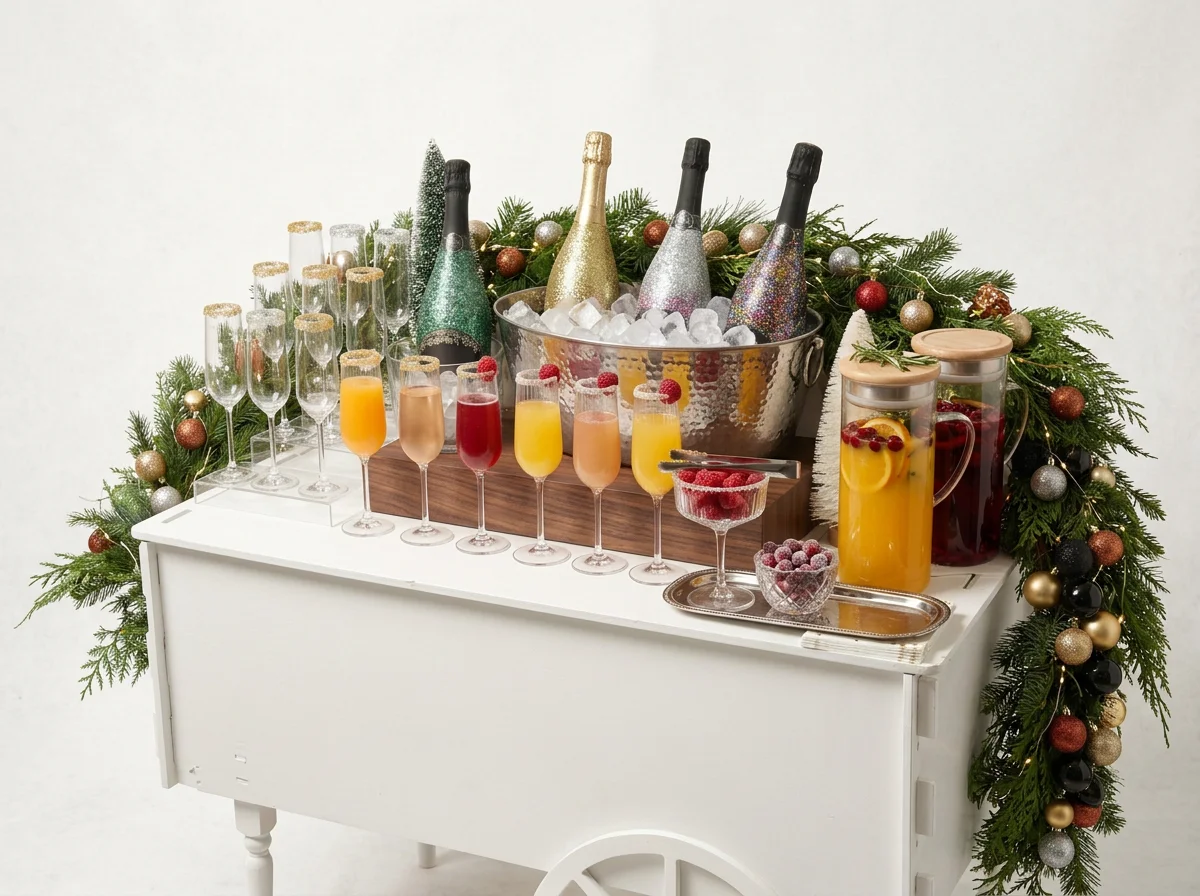 White luxury champagne cart set up with bottles and glasses for a Holidaycorporate office event.
