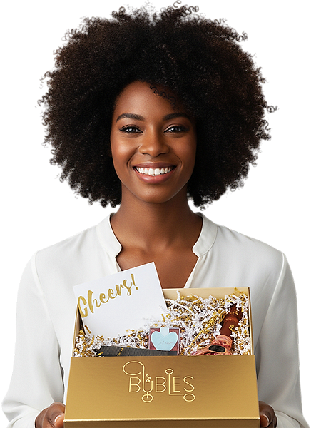 Smiling woman holding a gift box with a card that says 'Cheers!', flowers, and a small gift inside.