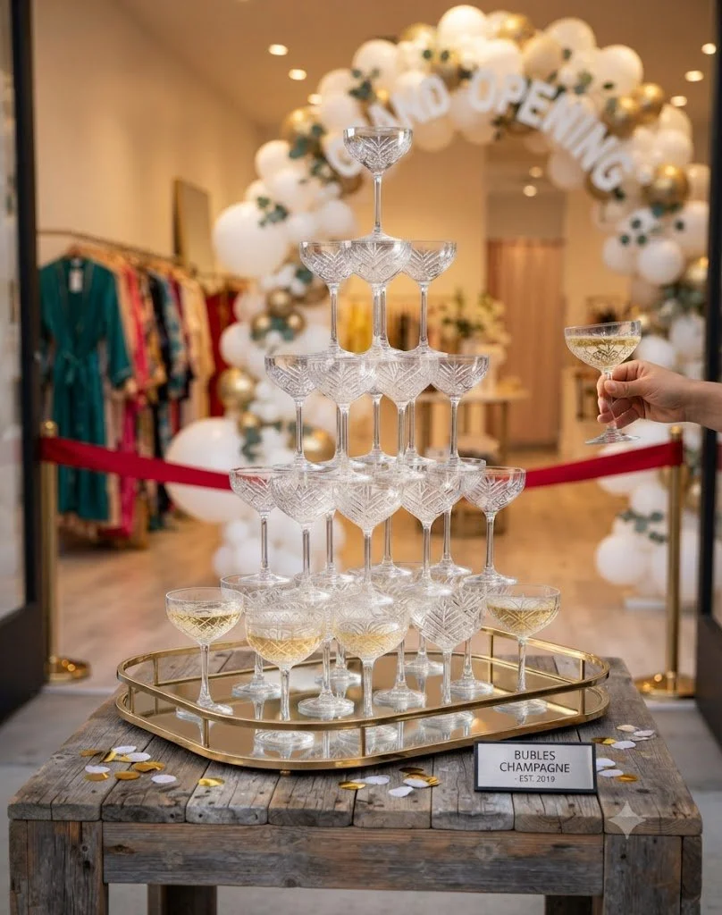 A pyramid of champagne glasses on a rustic wooden table, with a hand holding a glass of champagne nearby. In the background, an arch decorated with white and gold balloons and a sign that reads 'Grand Opening'.