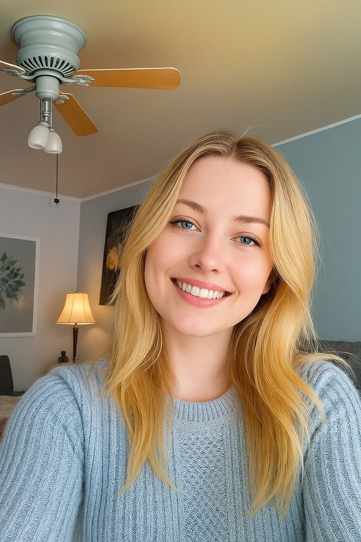 A young woman with blonde hair and blue eyes smiling at the camera in a living room with a ceiling fan, a lamp, and artwork on the wall.