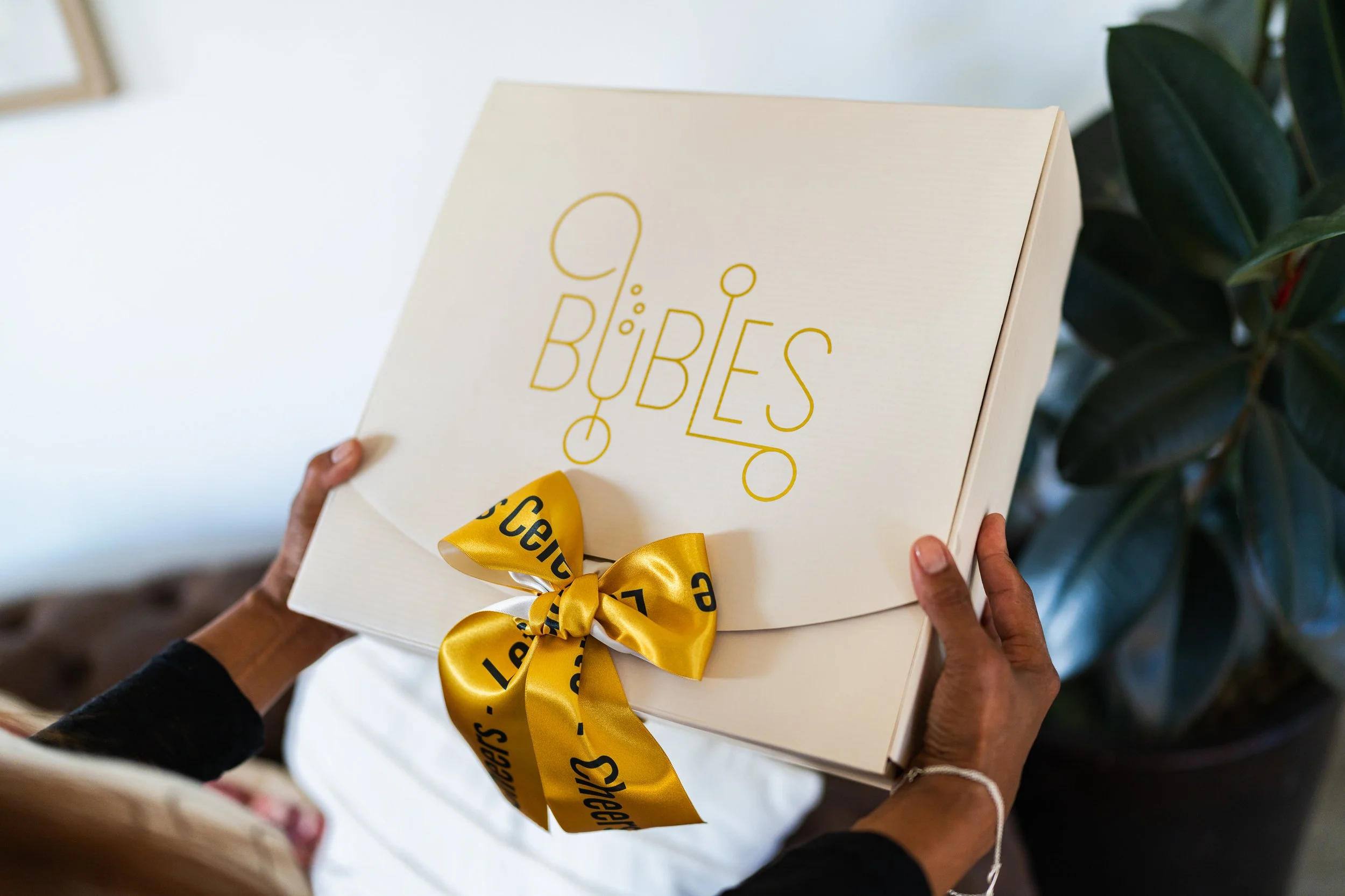 A person is holding a white box with a yellow ribbon tied around it. The box has the word 'CUBES' written on it in yellow script style. The background includes a plant with large dark green leaves.