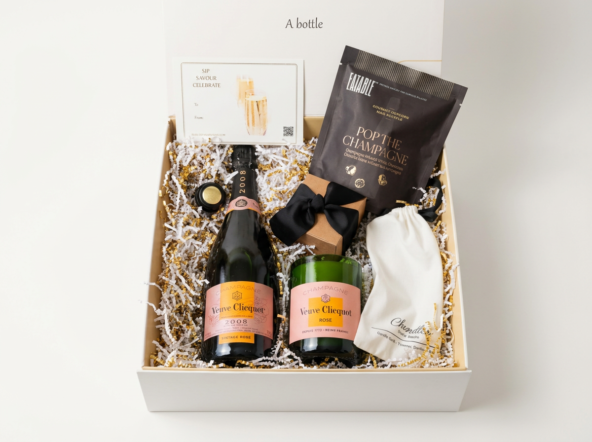 VC Rosé 2008 Vintage Champagne gift with a recycled candle and gourmet snackspng