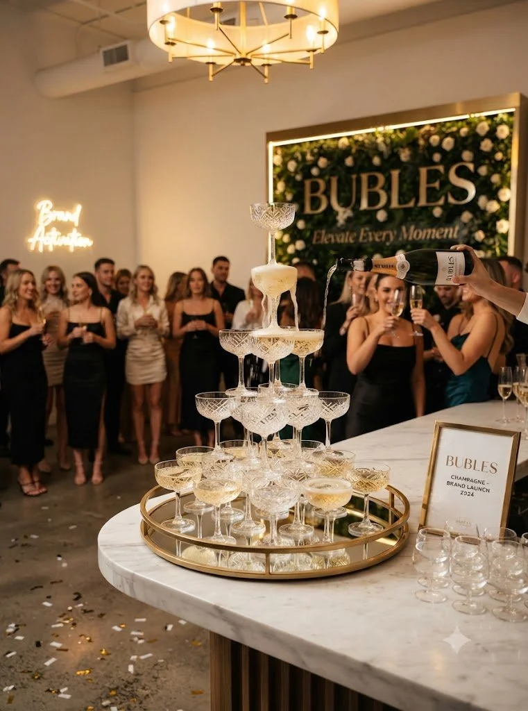 Brand Activation celebration with a champagne tower