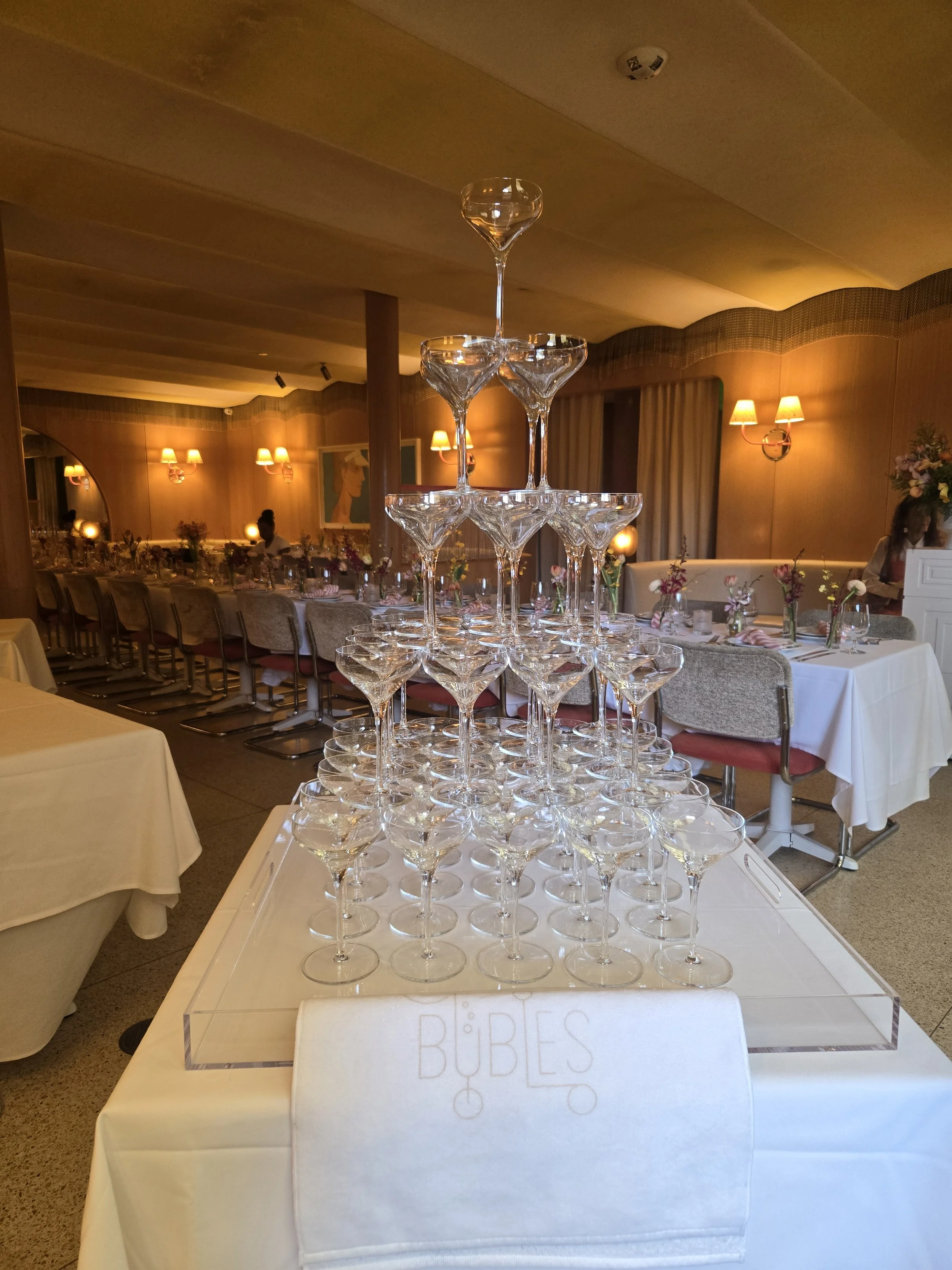 Curated 5-tier champagne tower at Cucina Alba West Hollywood