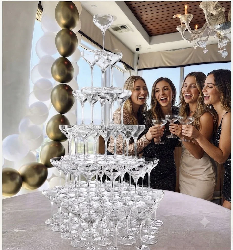 girlfriends gathering to cheers around champagne tower for birthday-bridal shower