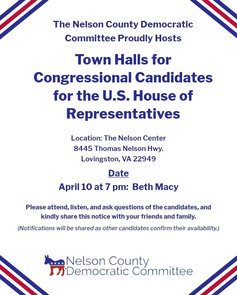 Our town hall featuring congressional candidate Beth Macy is coming up on April 10 at The Nelson Center. Please join us! @bethmacy