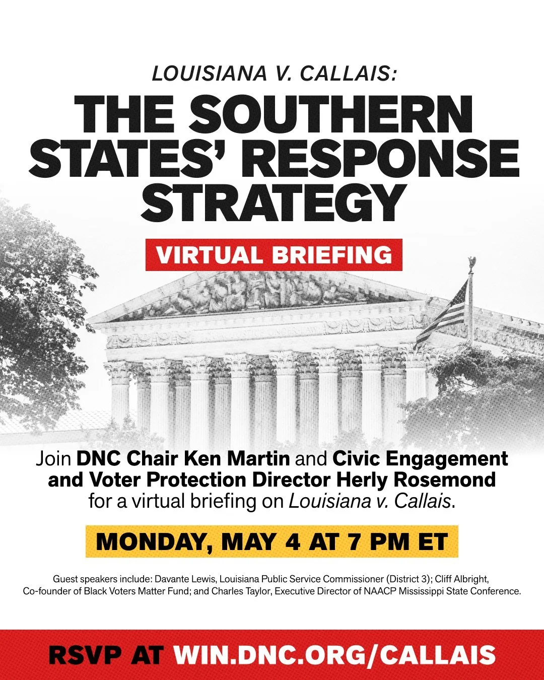 The Supreme Court has gutted the Voting Rights Act. Join @thedemocrats for a virtual briefing on May 4 to learn how we are fighting back against the Louisiana v. Callais decision and ensuring every American has their voice heard this November: win.dn