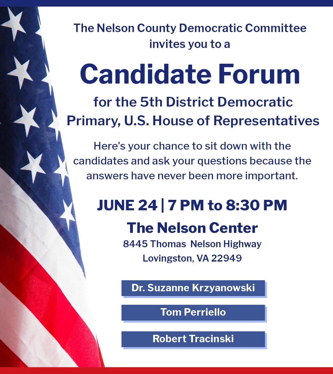 We're going to take back our country one election at a time and, for the 5th District, that means electing a Democrat to the U.S. House of Representatives. The first step is nominating a candidate, so please join us on June 24 and get to know the thr