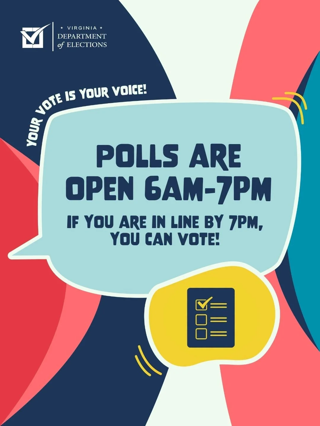 Great advice from the Virginia Department of Elections about voting in today's Primary:
Don't worry about the clock&mdash;just get in line!!
Polls are open across Virginia from 6 AM to 7 PM today. Remember: as long as you are in line by 7 PM, you hav