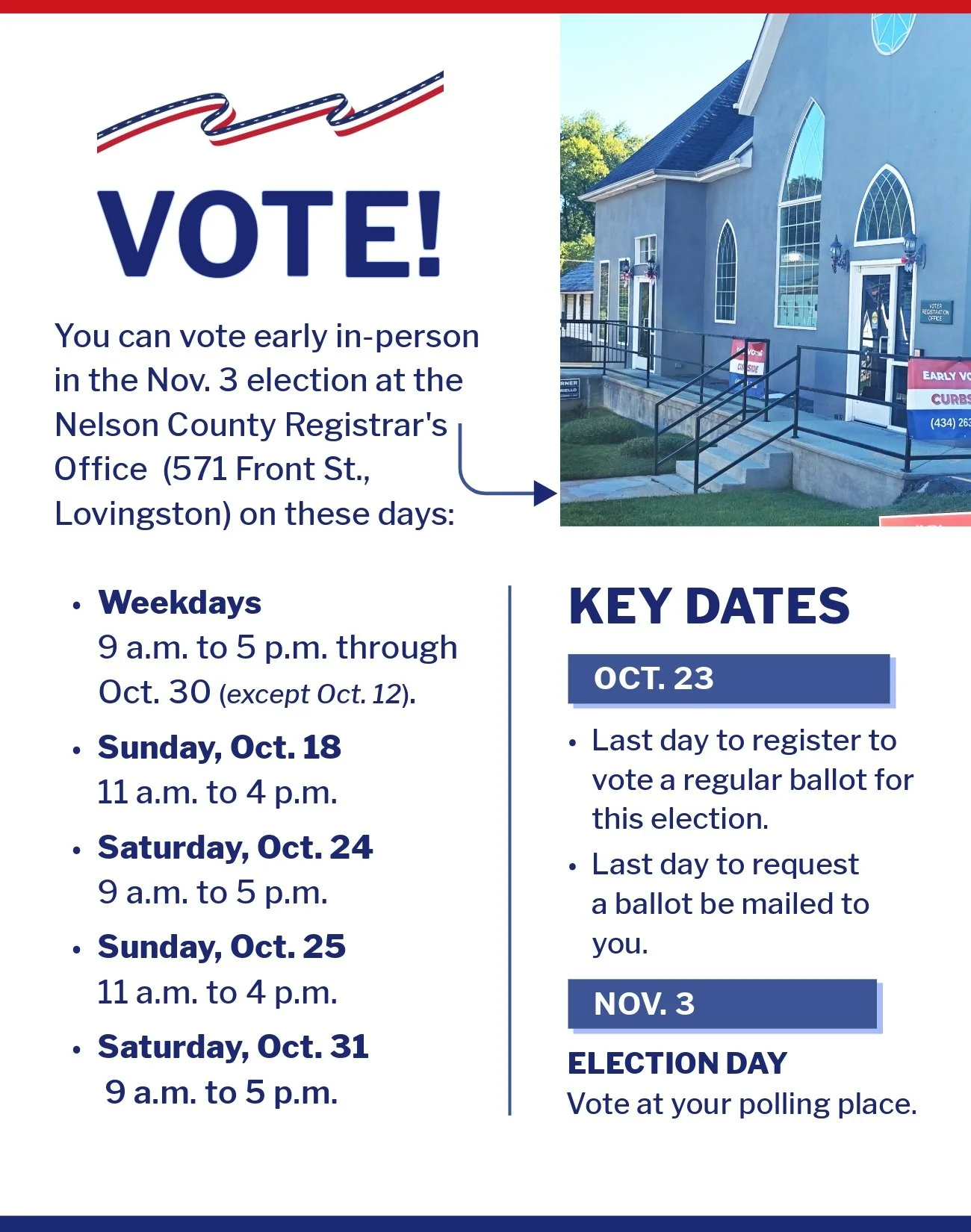 If you ask us, Nelson, we can&rsquo;t think of a more picturesque setting where you can go vote for democracy than the county registrar&rsquo;s office in Lovingston. Early in-person voting is open through Oct. 31.