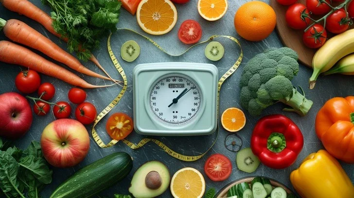 A kitchen scale surrounded by various fresh vegetables and fruits, including carrots, tomatoes, apples, cucumbers, broccoli, bell peppers, oranges, kiwis, and bananas, with a measuring tape around the scale.
