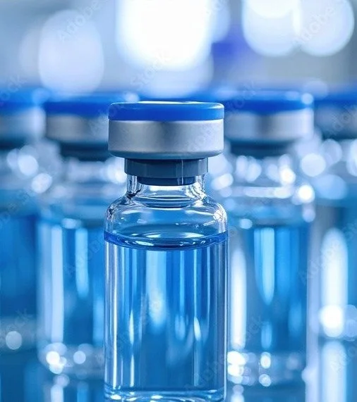 Close-up of a glass vial with a blue cap filled with clear liquid, with more similar vials blurred in the background.