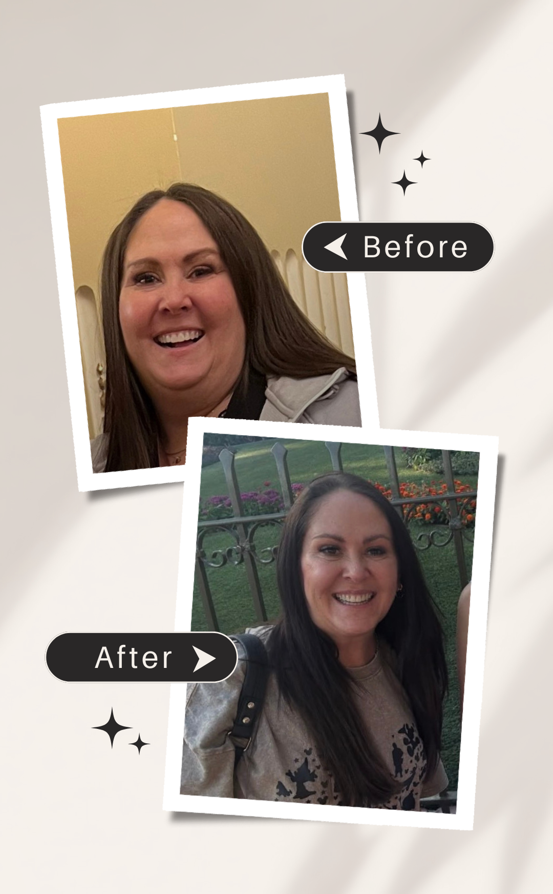 Comparison photo showing a woman before and after a change, with the before image at the top and the after image at the bottom. The woman has long dark hair and is smiling in both photos.