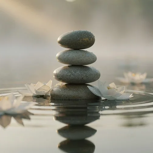 Five stacked smooth stones on a calm water surface with floating white paper flowers surrounding them.