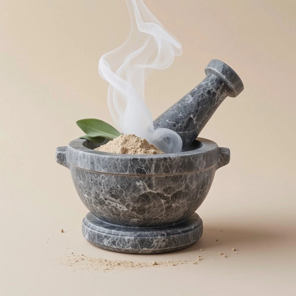 A marble mortar and pestle with powder, a sage leaf, and smoke rising against a beige background.