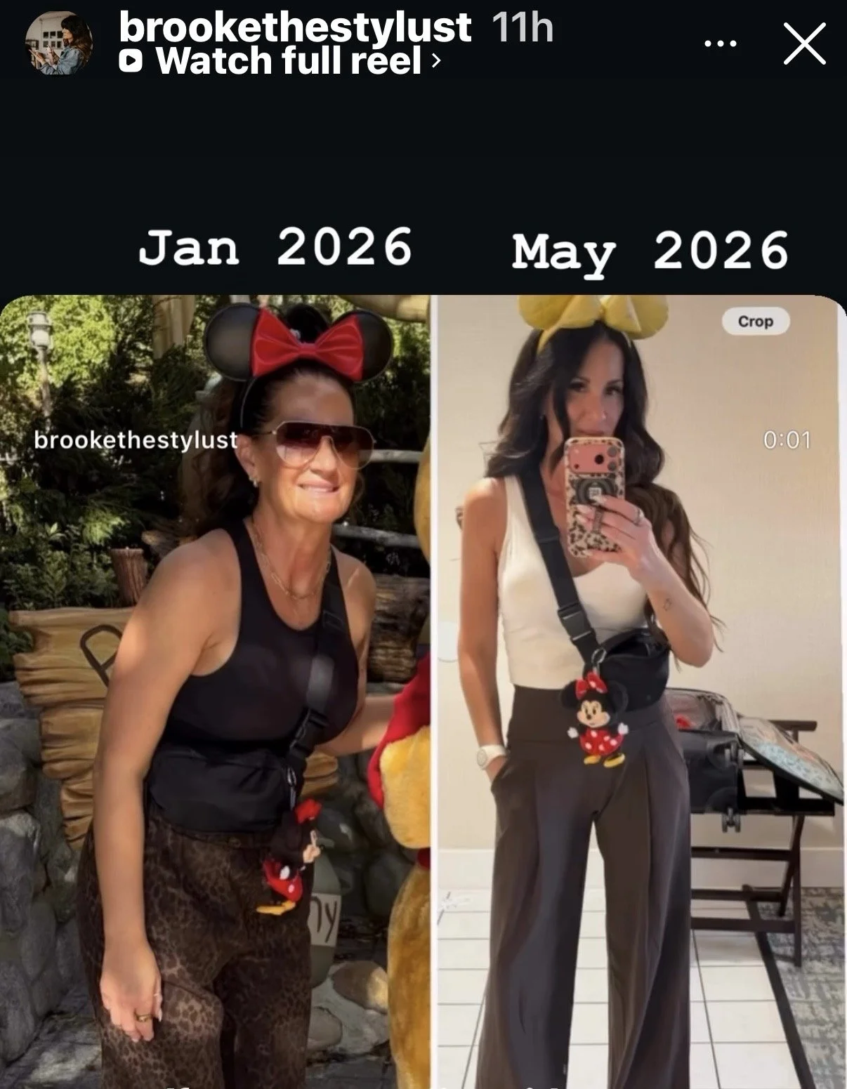 Comparison photo showing a woman in January 2026 with dark hair, wearing a black sleeveless top, leopard print pants, sunglasses, and Mickey Mouse accessories, and in May 2026 with longer dark hair, wearing a white top, dark pants, and Mickey Mouse accessories, taking a mirror selfie.