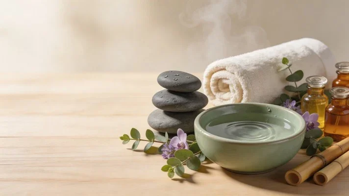 Spa setting with heated stones, a rolled white towel, herbal leaves, purple flowers, essential oil bottles, bamboo sticks, and a steaming bowl of water.