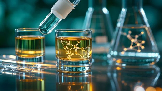 Laboratory scene with two glasses containing yellow liquid, a pipette above one glass, and laboratory flasks with liquid and molecular models in the background.
