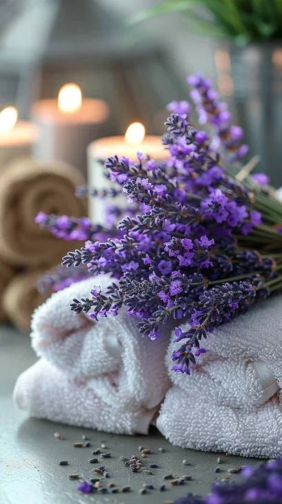 A bunch of fresh lavender flowers resting on a folded white towel, with candles in the background.