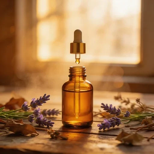A brown glass dropper bottle with a gold cap and dropper, surrounded by lavender flowers and dried leaves, on a wooden surface with a blurred window in the background.