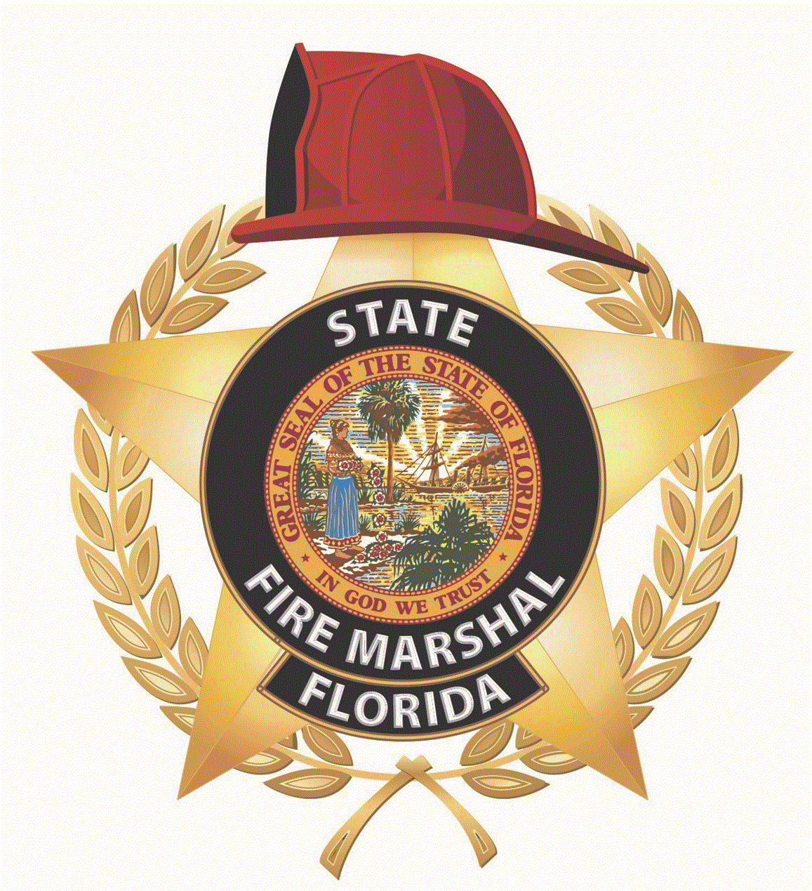 Florida fire marshal badge with a red firefighter helmet on top.