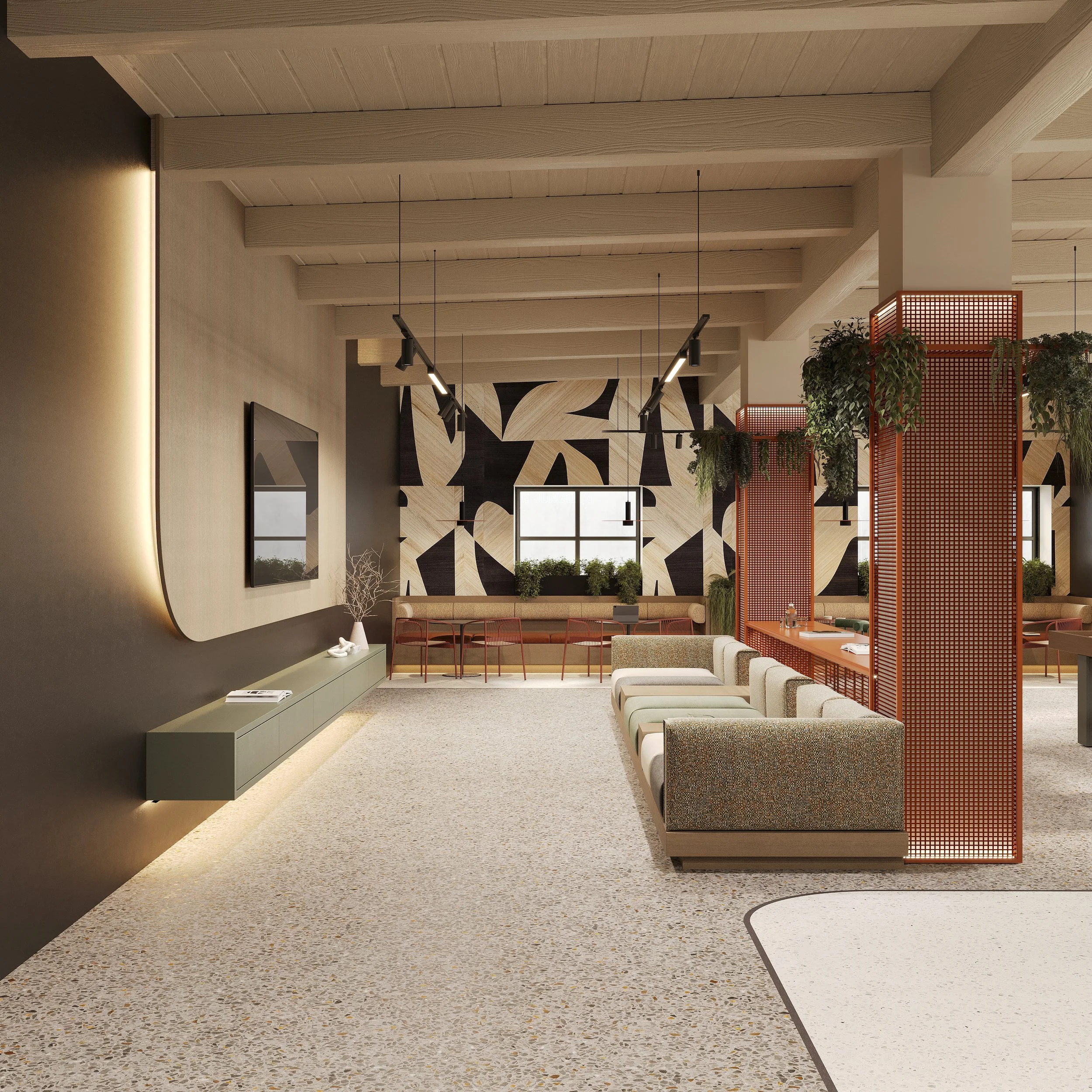 Top Floor Amenity Lounge with various seating options, large windows, and hang-out spaces. 